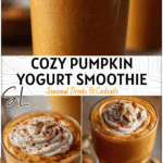 Creamy pumpkin smoothie in a glass topped with cinnamon and yogurt swirl for an autumn feel.